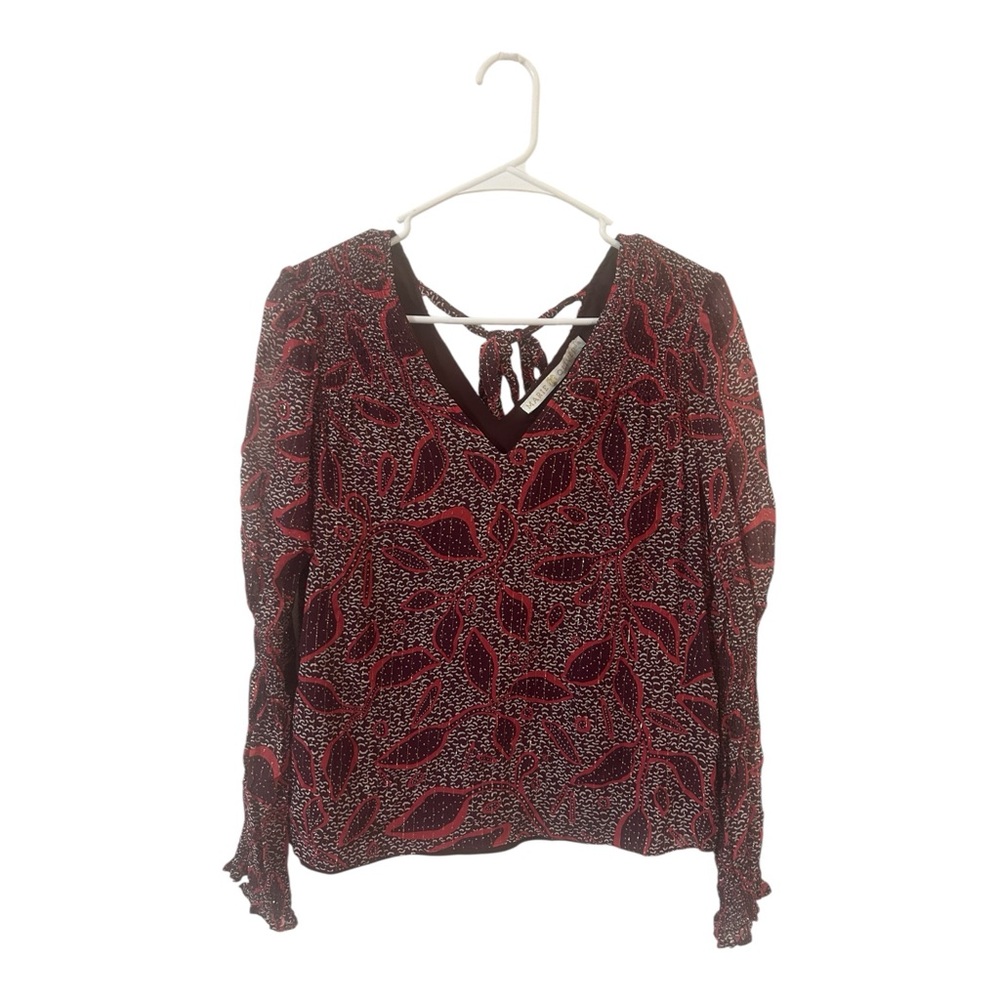 Marie Oliver Burgundy Leaf Print Blouse With Gold Pinstripes